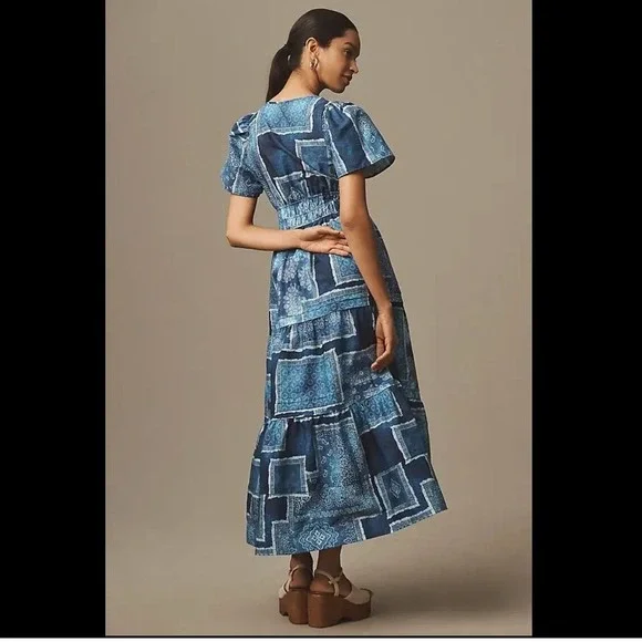 Anthro Maeve Somerset Maxi Dress XL Blue Bandana Cotton Smocked Waist NWT - Picture 6 of 13